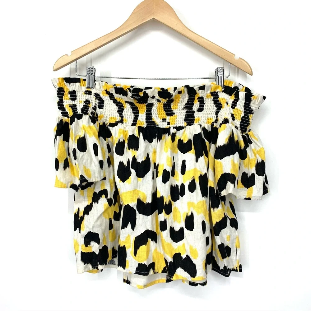 Who What Wear Linen Graphic Cat Smocked Off The Shoulder Short Sleeve Blouse Nwt - Picture 2 of 16